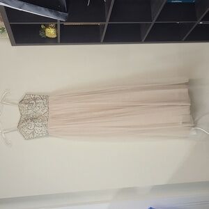 XSCAPE Champagne Silver Beaded Strapless Maxi Formal Ball Prom Dress